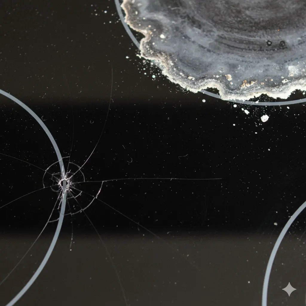A close-up of a glass stove top showing scorch marks, light scratches, and one deep crack to illustrate different types of damage.