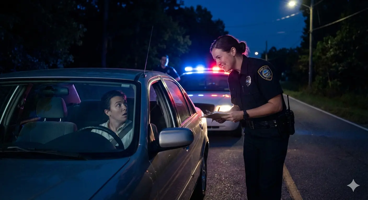 A police officer smiling during a nighttime traffic stop while the seat-belted driver looks surprised.