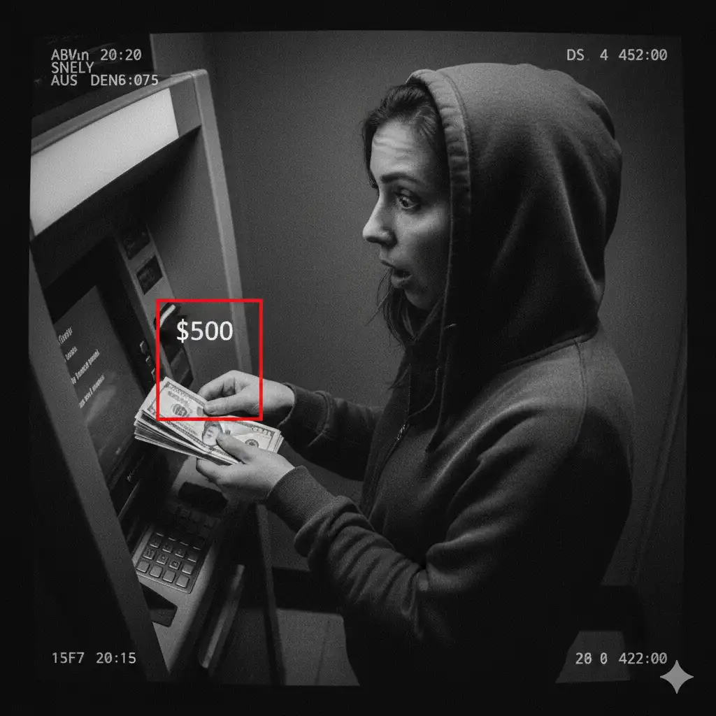 A grainy still image from a bank security camera showing a woman withdrawing cash from an ATM.