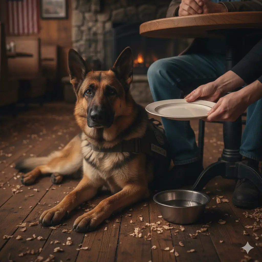A waiter placing a bowl of water on the floor for a service dog
