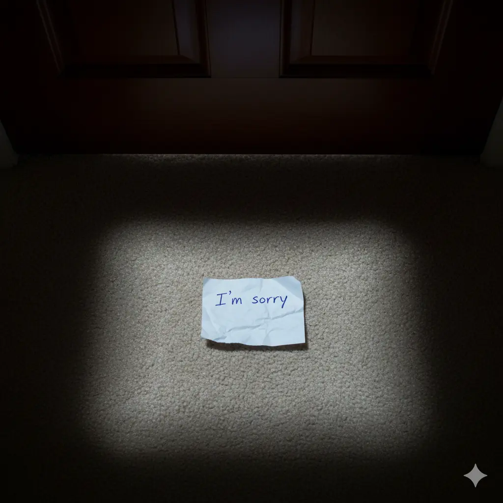 A handwritten note on the floor