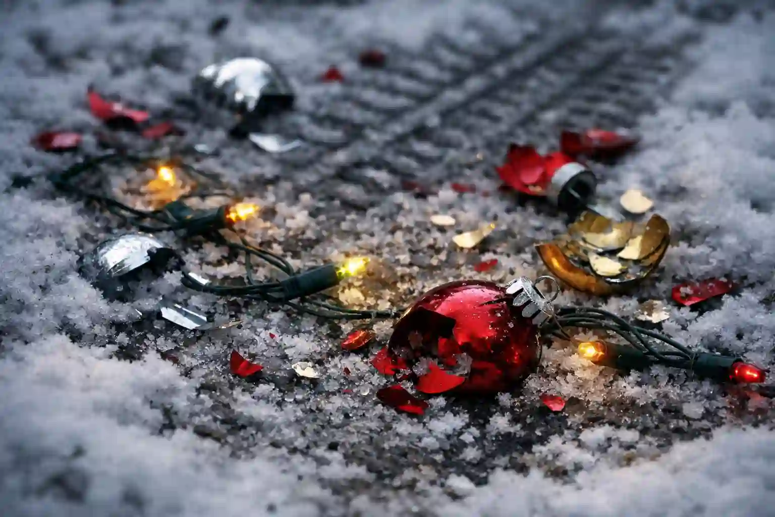Shattered Christmas ornaments in the snow