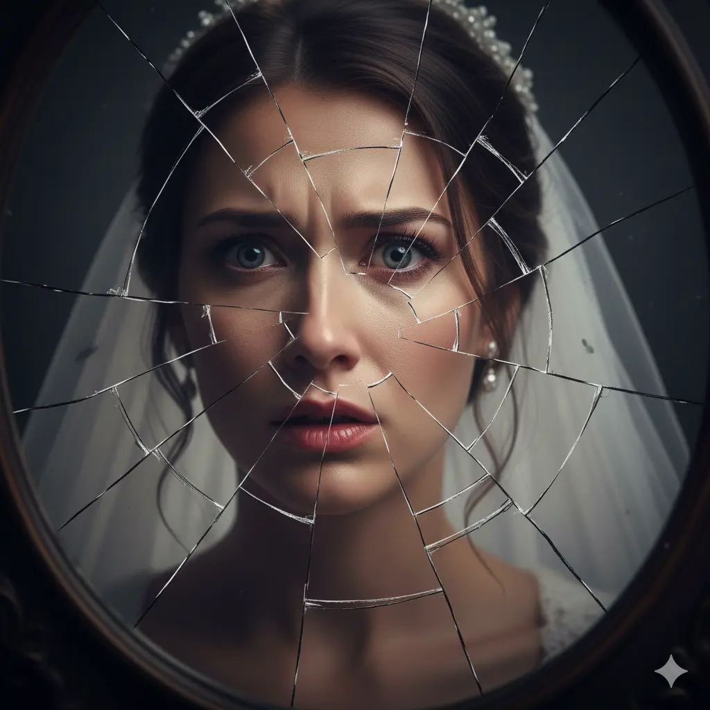 A close-up of a broken mirror reflecting a woman's face, showing a mix of shock, anger, and sadness, symbolizing a shattered life.