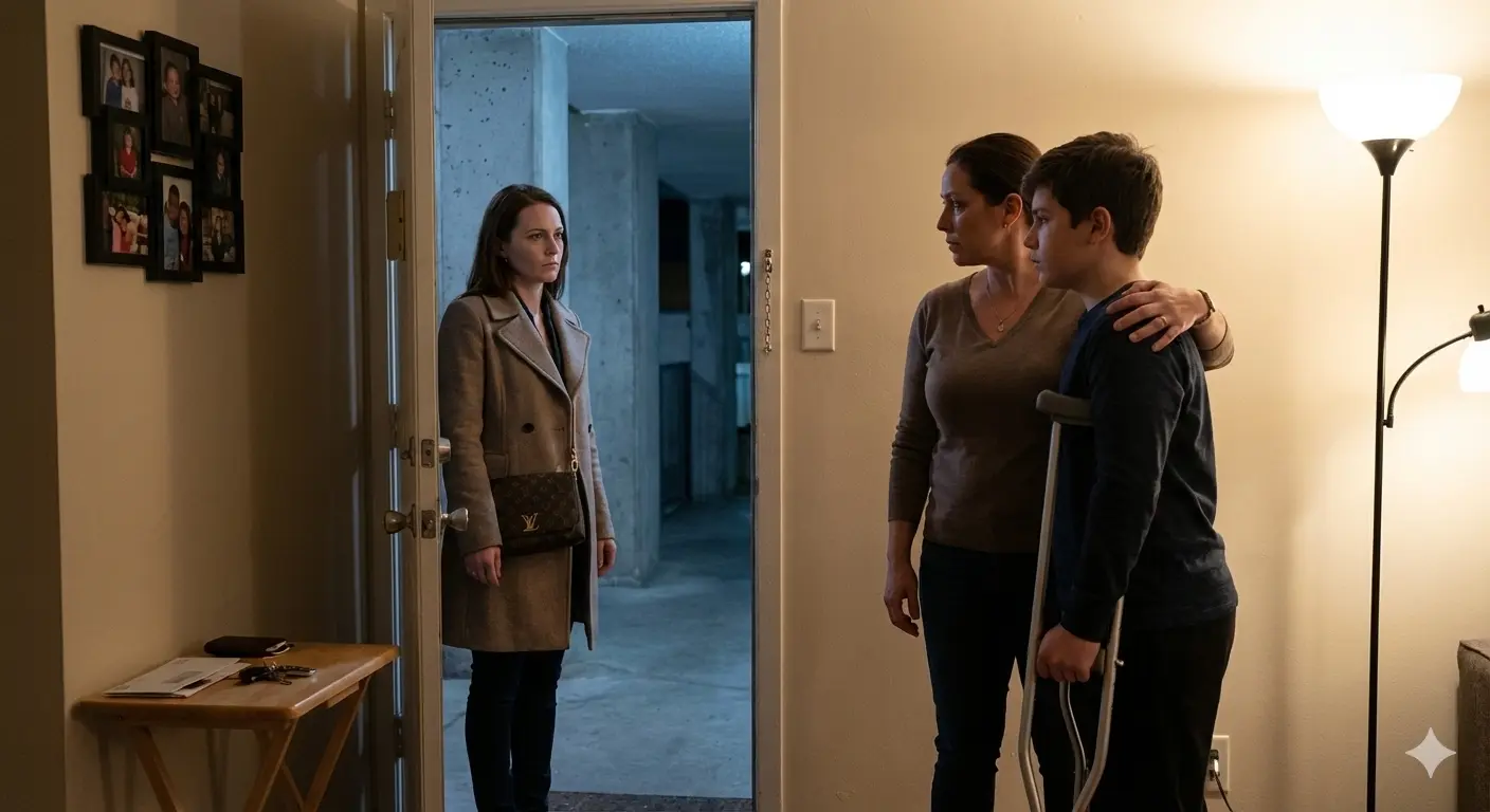 A tense doorway confrontation as a polished woman returns while a protective aunt stands firm and a teen with a crutch watches.