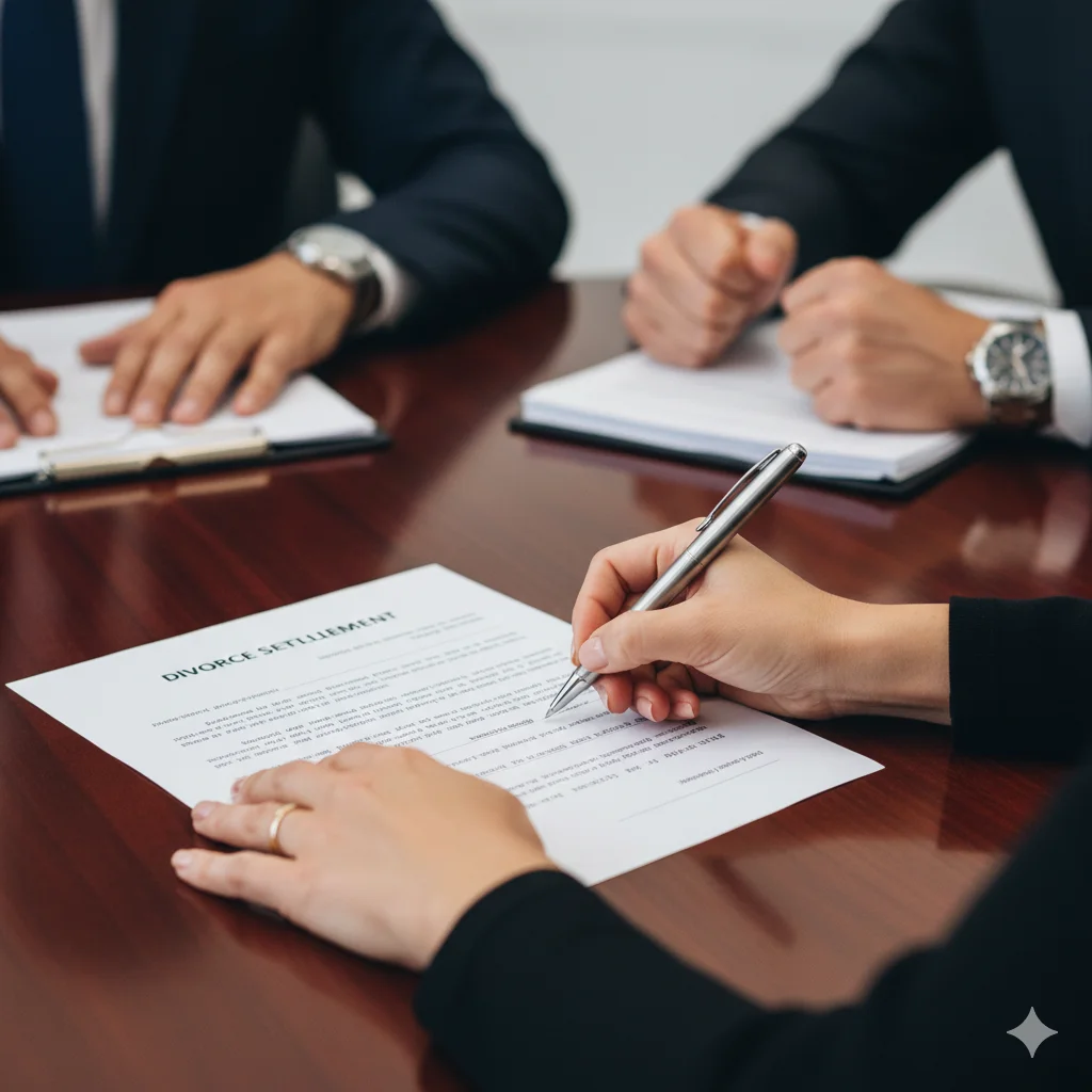 Close up of a woman signing divorce papers with confidence