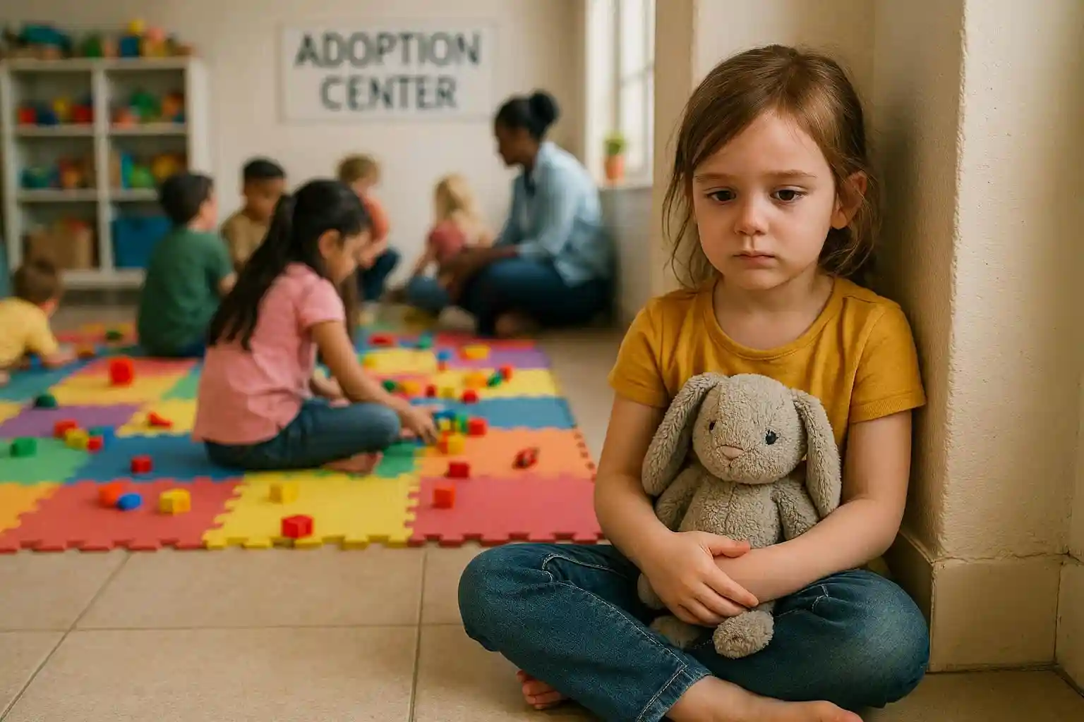 A small, silent 6-year-old girl (Lily) sitting cross-legged with her back against a wall in a bright, busy adoption center playroom, clutching a worn gray stuffed rabbit.