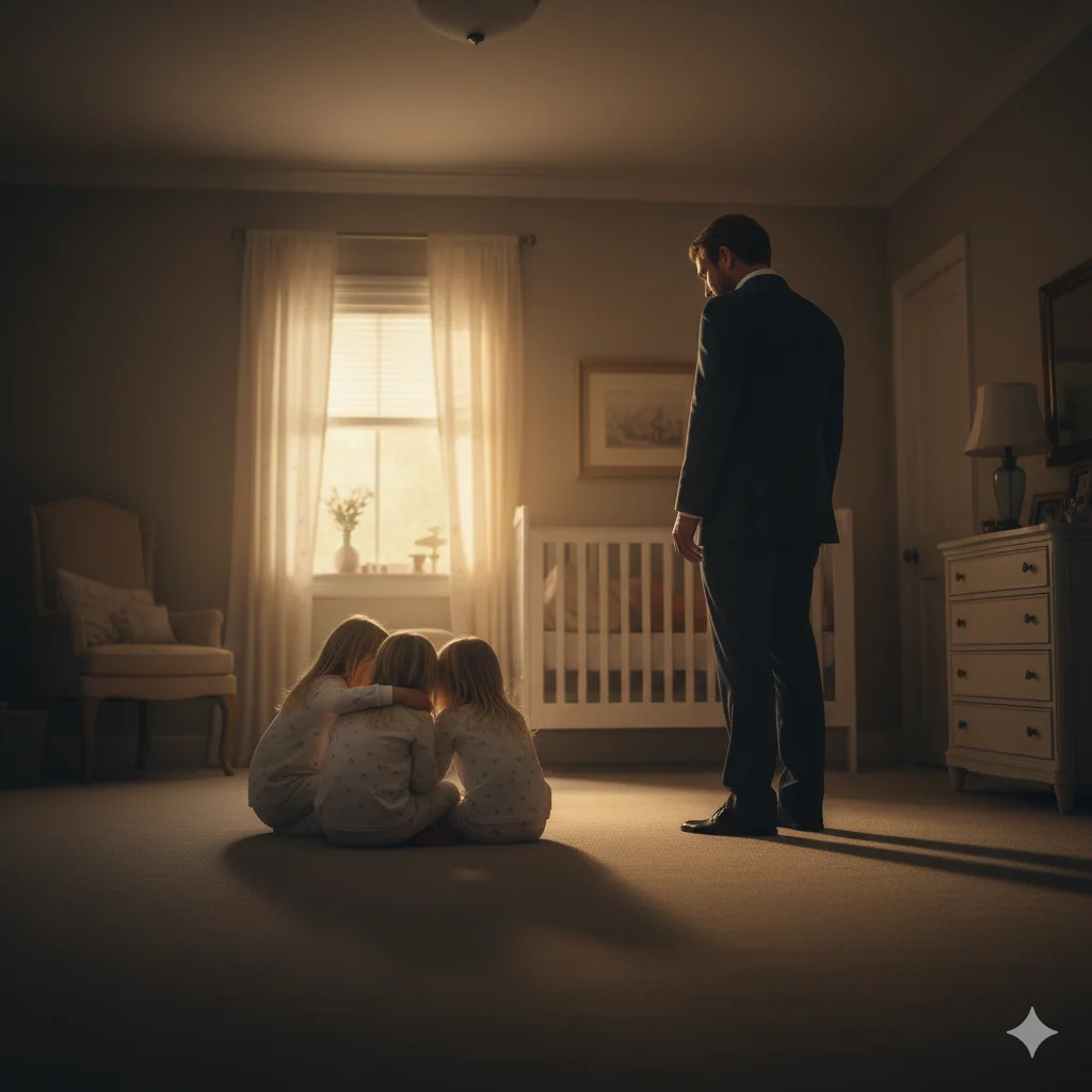 The three girls huddled together on the floor after the maid leaves, with the father standing alone and isolated in the background.