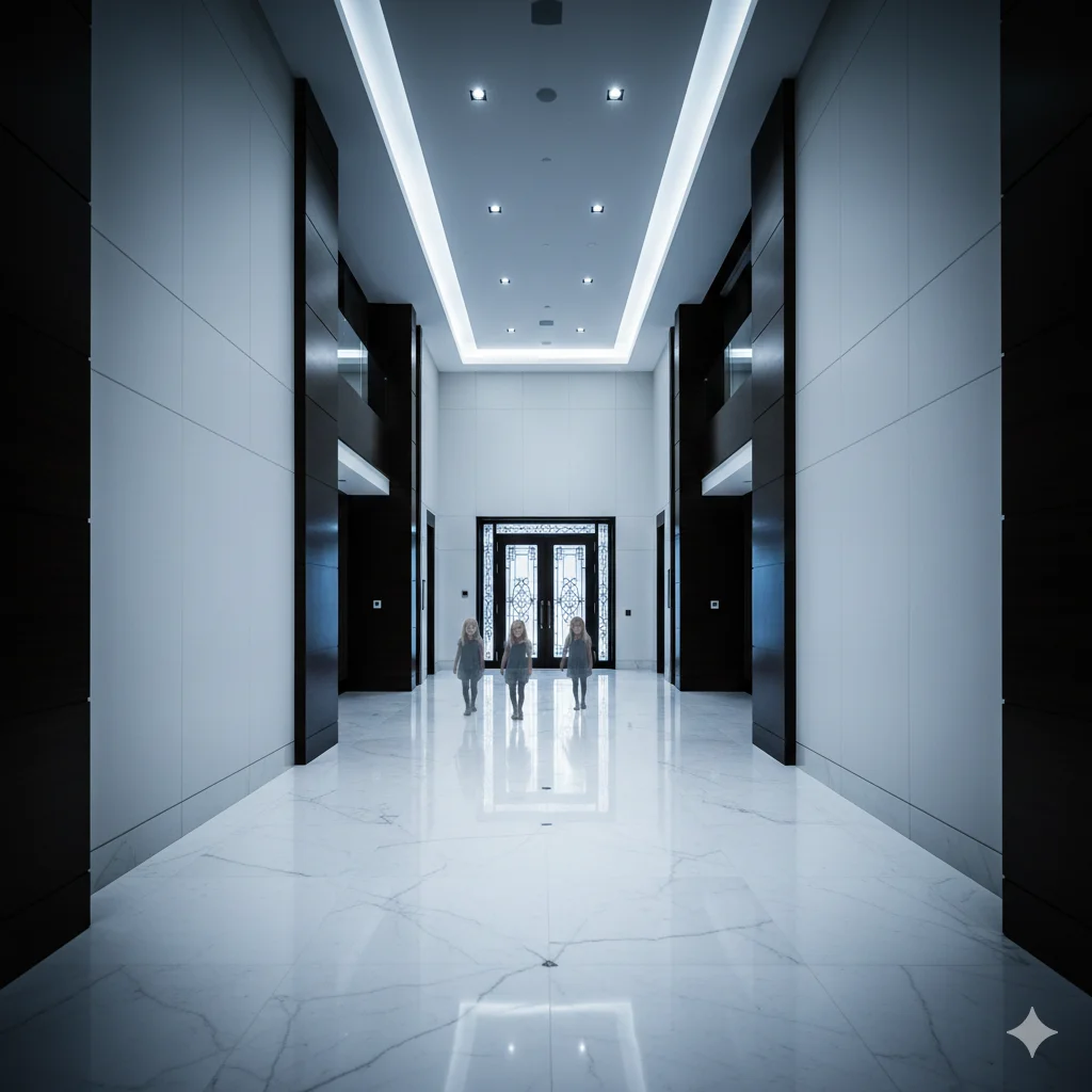 A cold, silent mansion hallway with three small girls appearing as distant, shadowy figures.