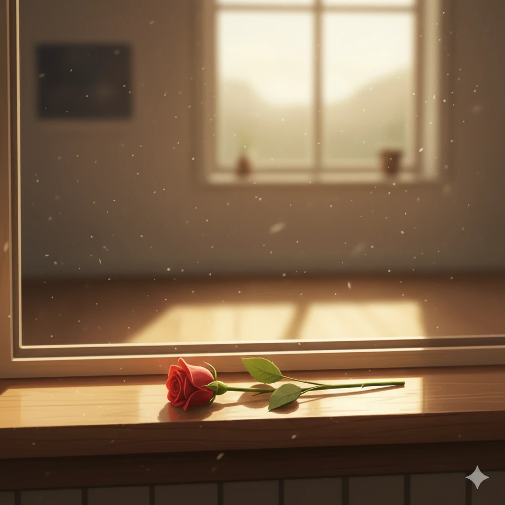 A small, neat object or flower left on a clean windowsill in an empty room.