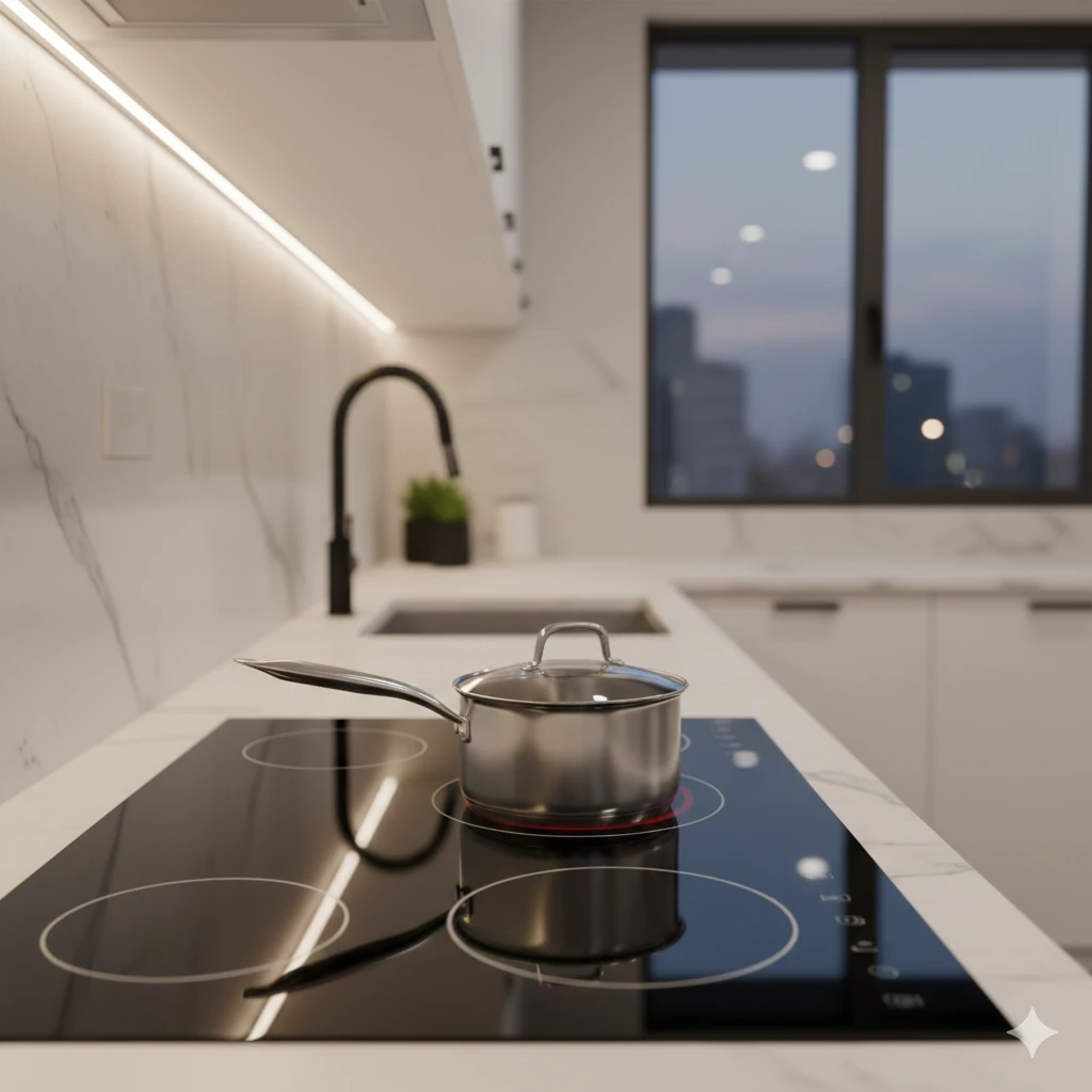 A sleek, modern kitchen with a clean glass stove top. The image emphasizes the kitchen as the warm heart of the home.