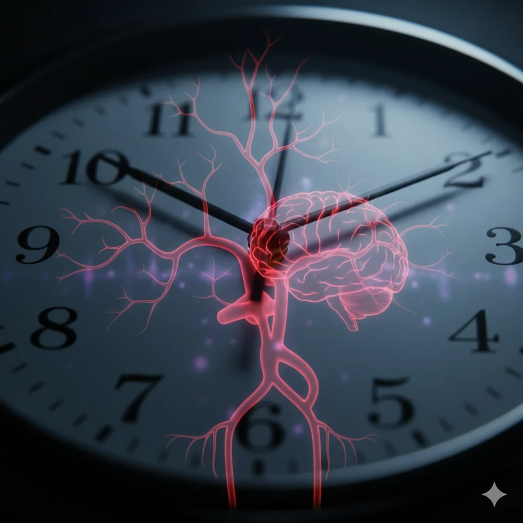 A striking, blurred image of a clock face showing 3:00 AM, emphasizing the critical, vulnerable time of sleep.