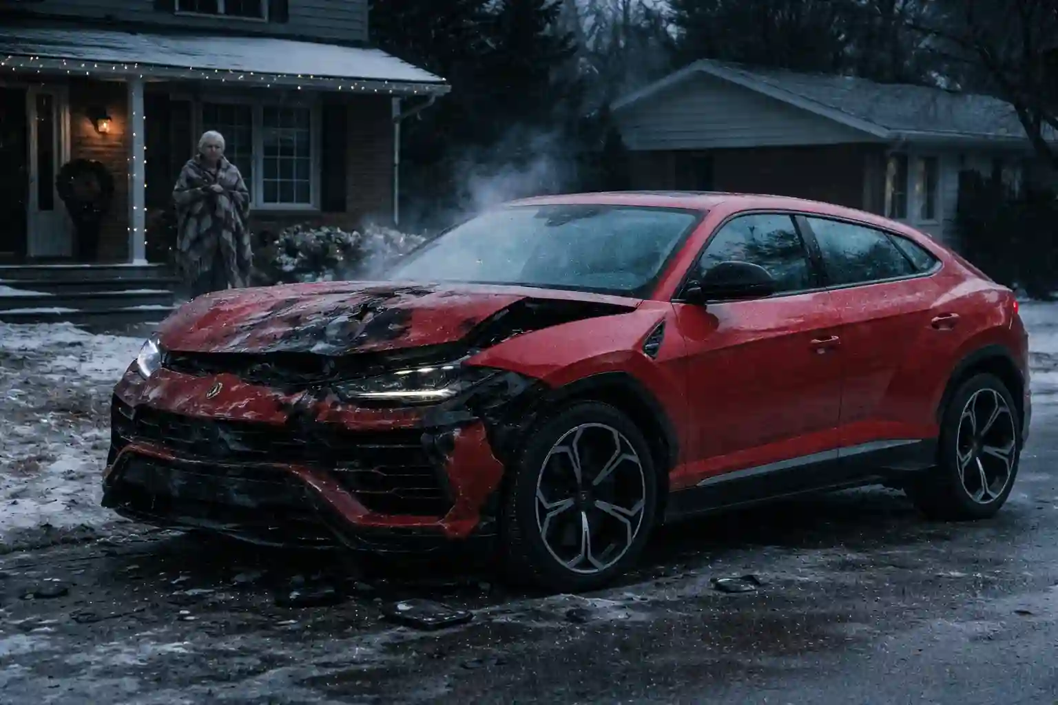 The neighbor's smashed luxury car in the driveway