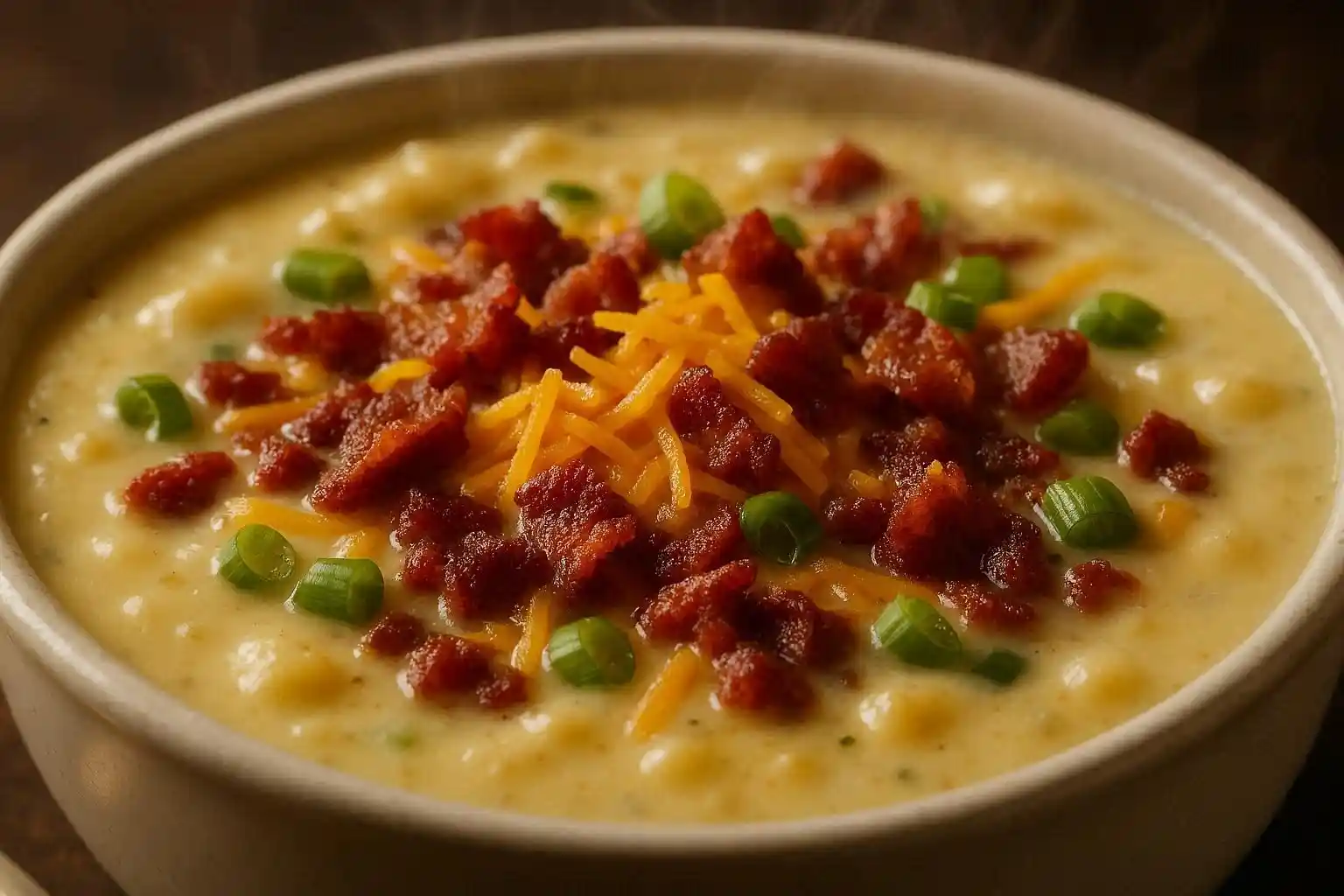 A close-up shot of a steaming bowl of thick, creamy loaded potato soup garnished with bacon, shredded cheese, and green onions.