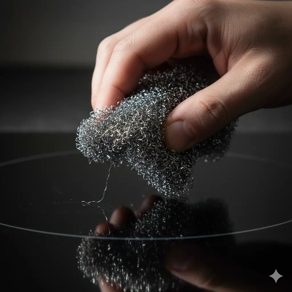 A hand holding a piece of steel wool or an abrasive pad over a glass stove top, emphasizing the mistake of using abrasive materials.