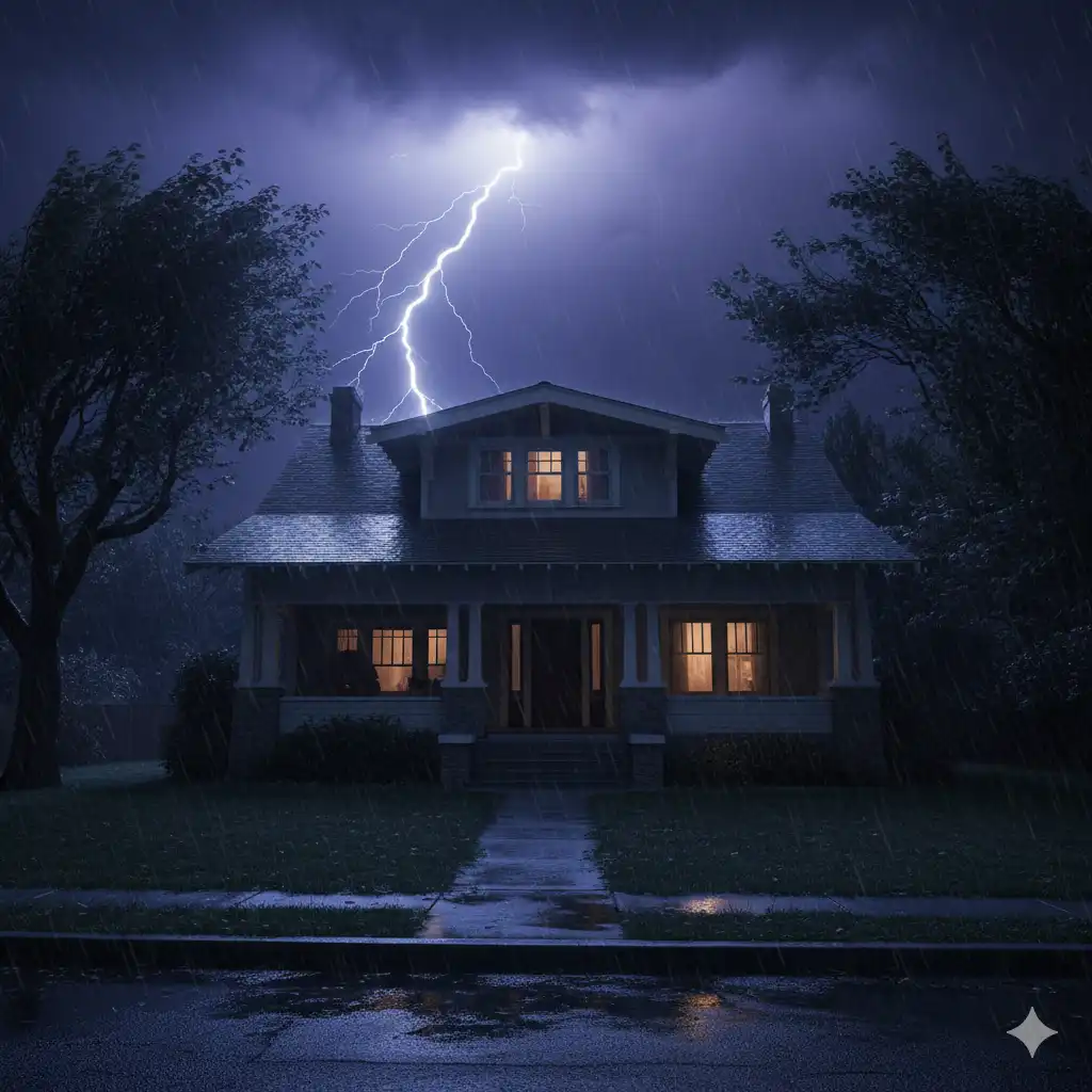 A charming house looking eerie underneath a heavy thunderstorm at night.
