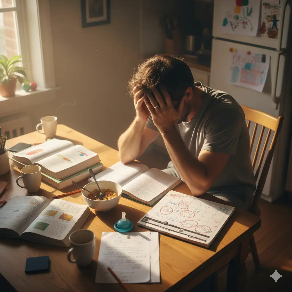 An overwhelmed father trying to manage schoolwork and chores