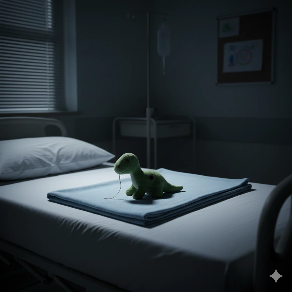 A dimly lit, quiet hospital pediatric room. A worn, stuffed dinosaur lies alone on a neatly folded blanket on an empty bed. The image should convey absence and sorrow.