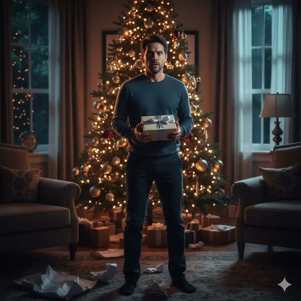 A stunned man holding a Christmas gift from his past