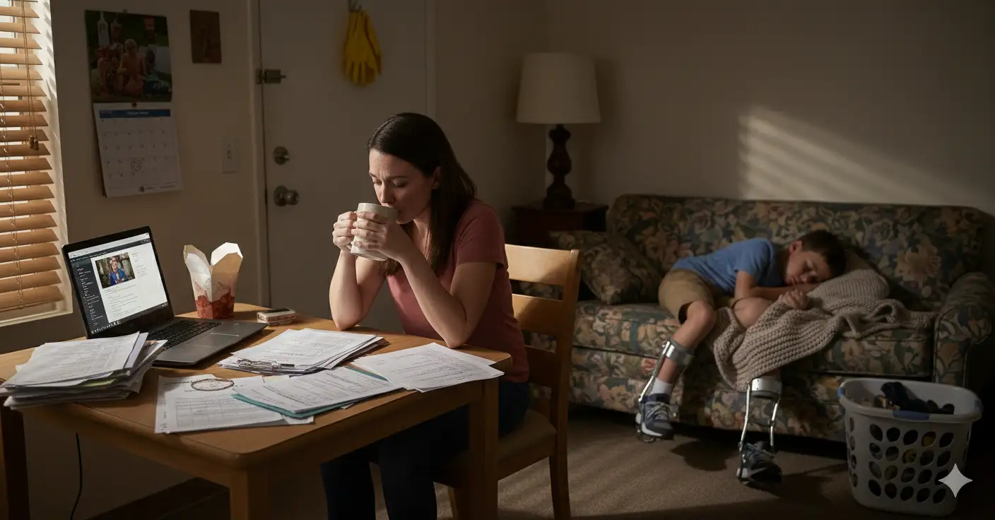 An exhausted aunt at a kitchen table late at night with paperwork and a laptop, while a child sleeps nearby.