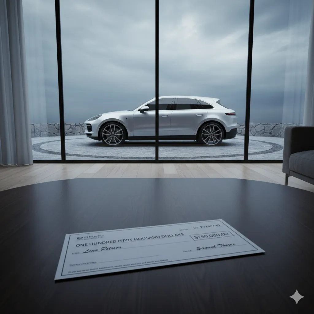 A sleek, expensive silver SUV parked dramatically outside a large window. A check for a large, six-figure amount is visible on a table in the foreground.