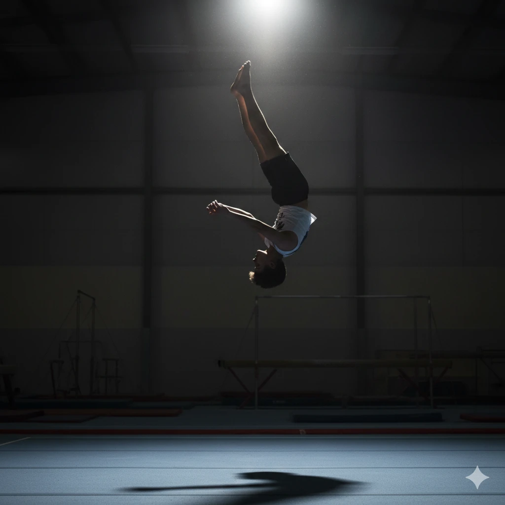 A silhouette of a teenage boy doing a powerful, gravity-defying gymnastics flip or tumble under a spotlight in a gym.