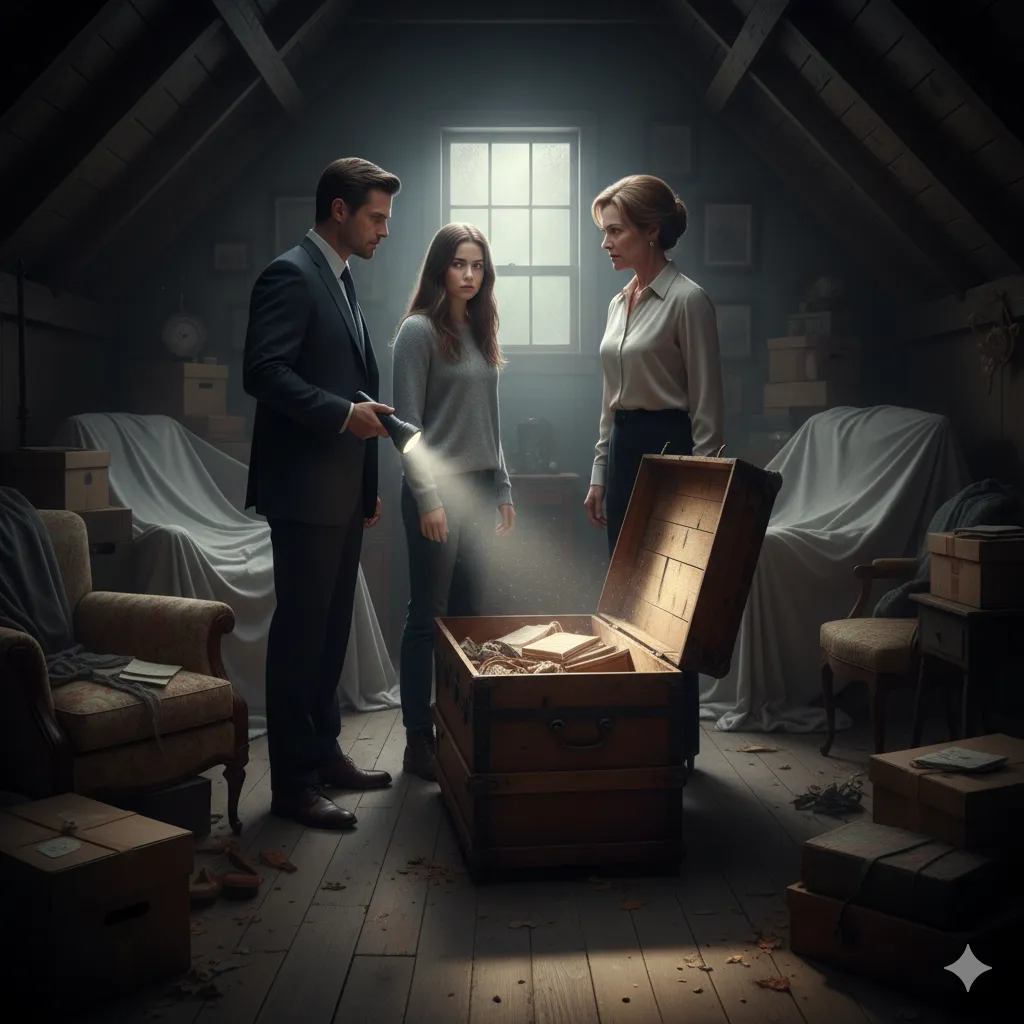 A tense scene in a dusty attic. Ava, a stepmother (Linda), and a private investigator are gathered around an open cedar trunk, with a sense of hidden danger.