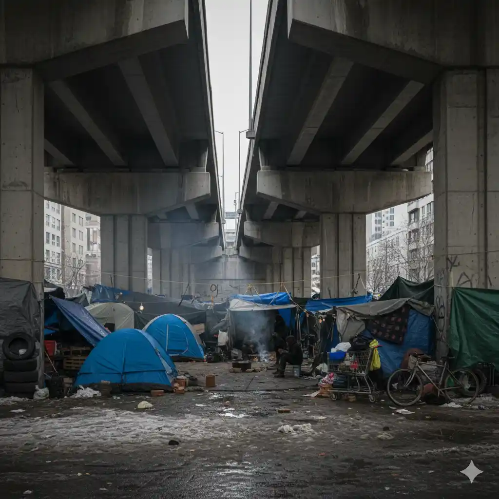 A view of several makeshift tents and blue tarps tucked beneath a cold, concrete city overpass in late November. Snow and slush are on the ground.