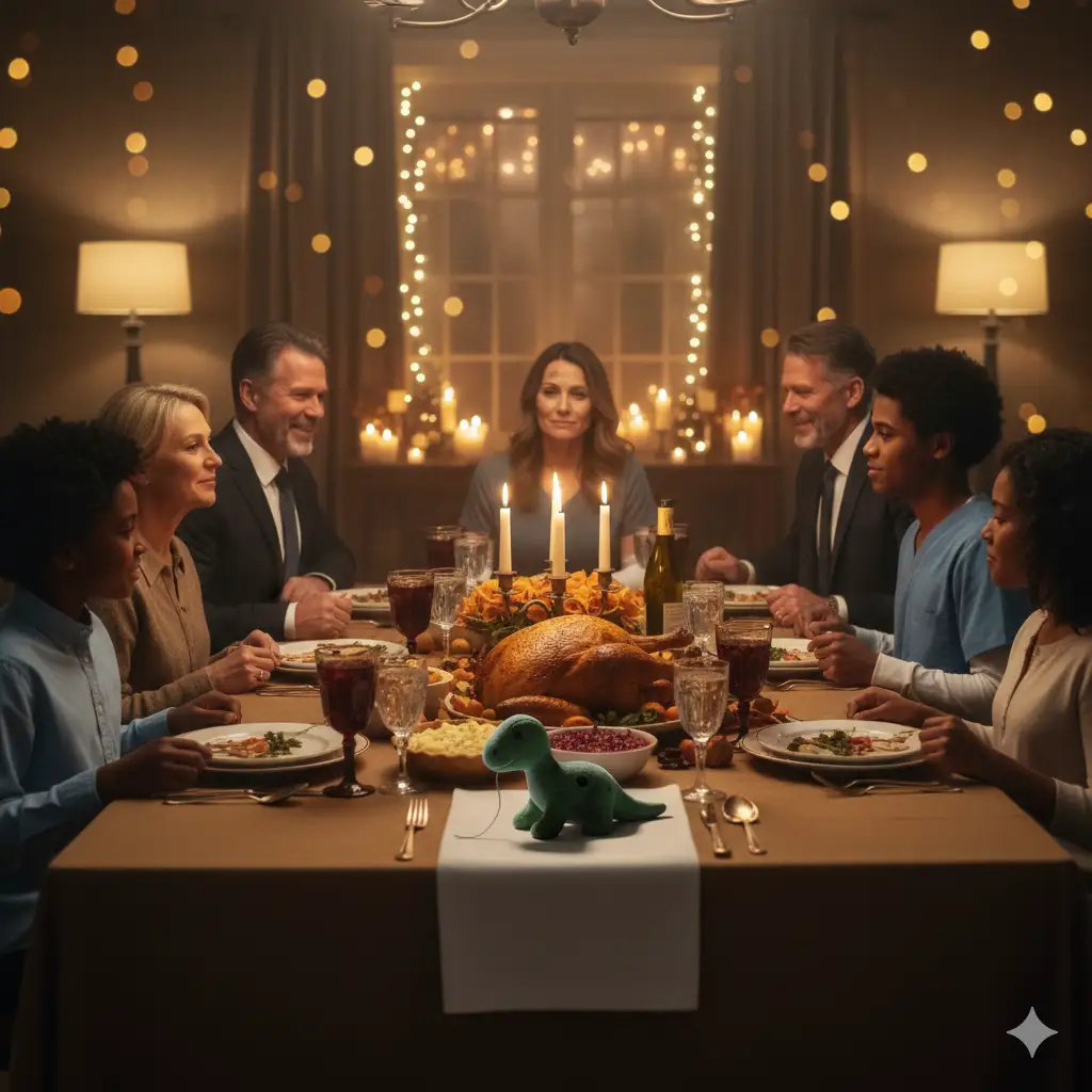 A warm Thanksgiving dinner table scene. A diverse family is seated together. A worn stuffed dinosaur is placed prominently at an empty setting next to a new guest (the biological mother).