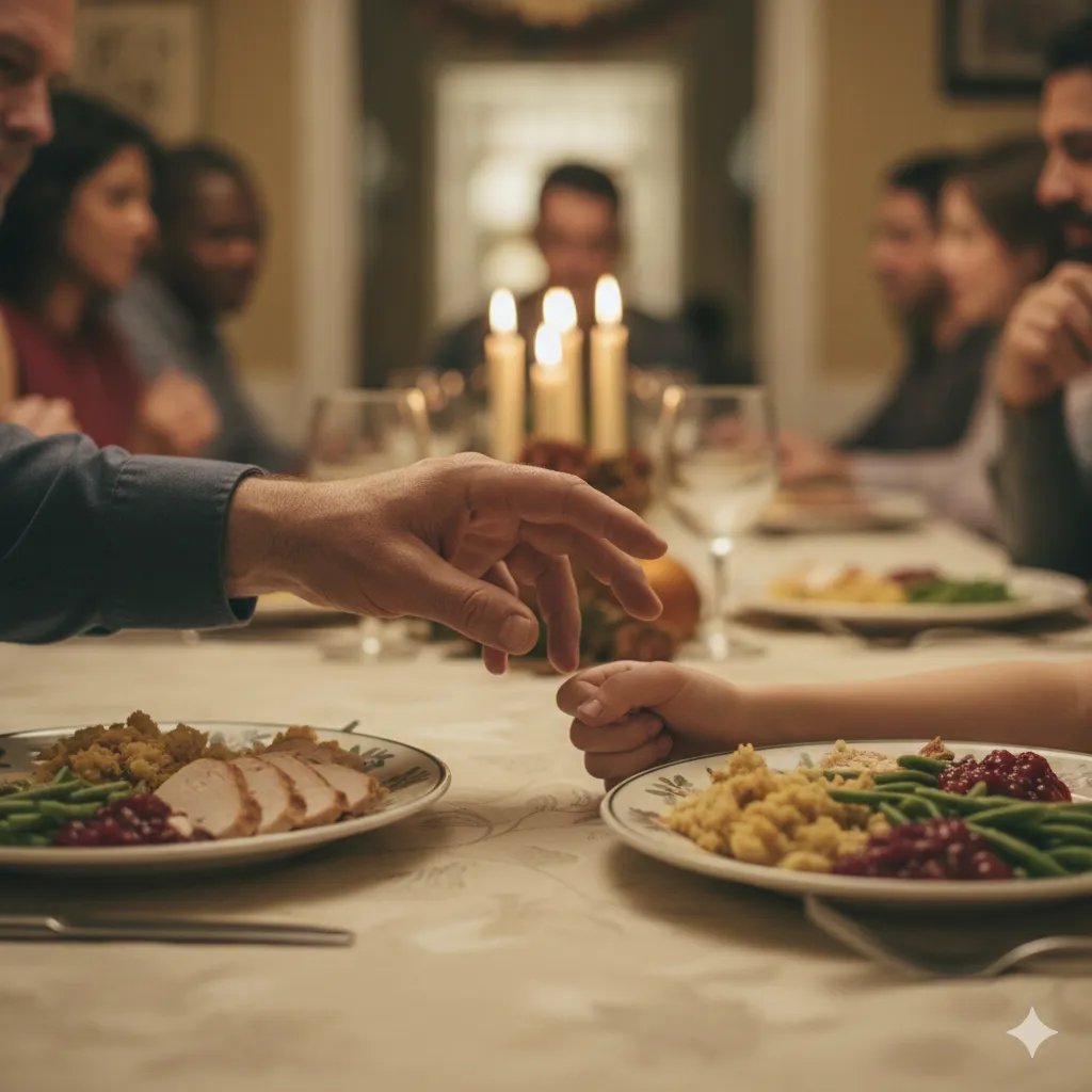 A close-up of a man's hand reaching across a Thanksgiving table to touch a girl's trembling hand.