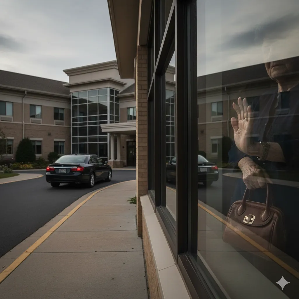 A dramatic image of a dark car driving away from a nursing home as an elderly woman watches from a window.