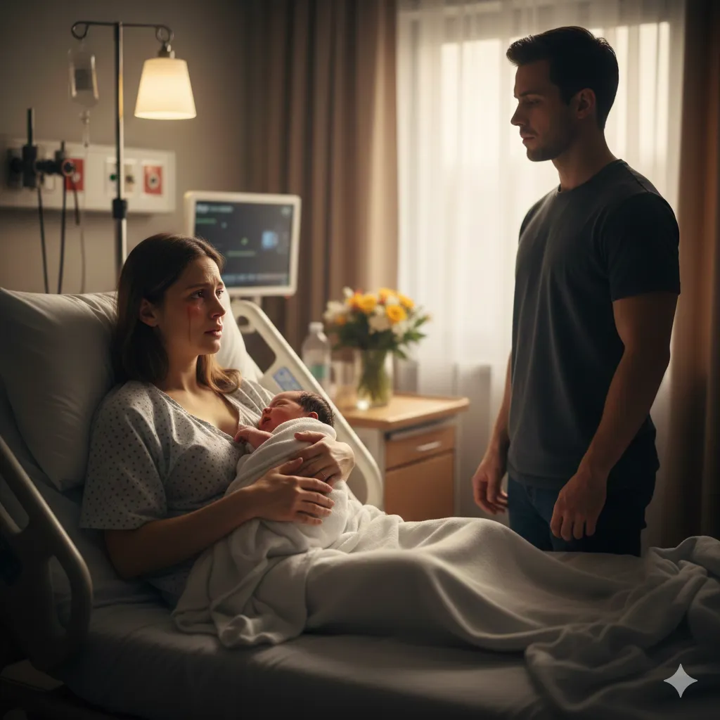 A mother holding a newborn in a hospital bed, looking distraught at a man standing coldly nearby.