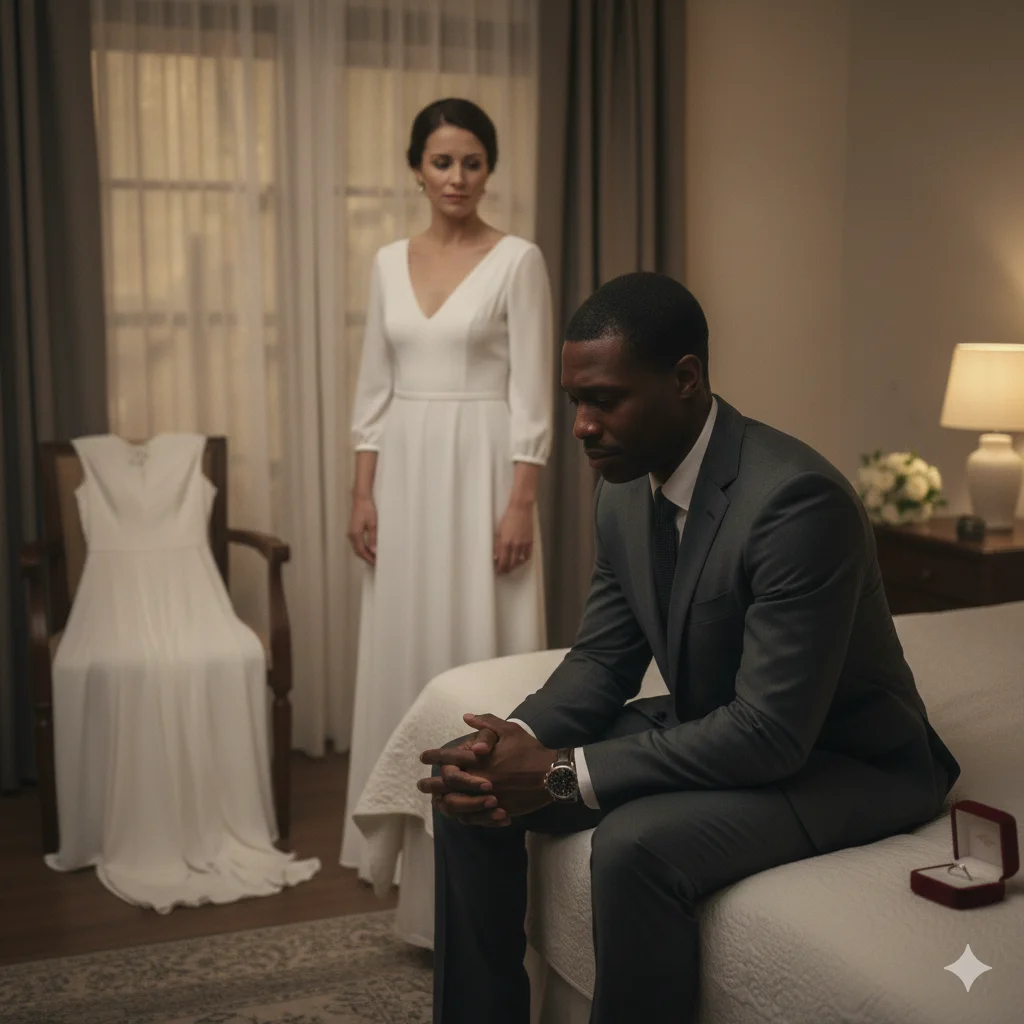 A quiet bedroom scene where the groom looks vulnerable and the bride listens with concern.