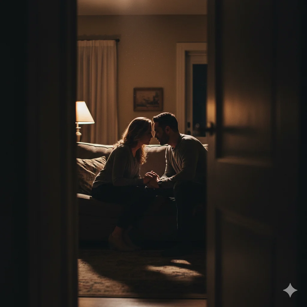 A man and woman sitting intimately on a couch