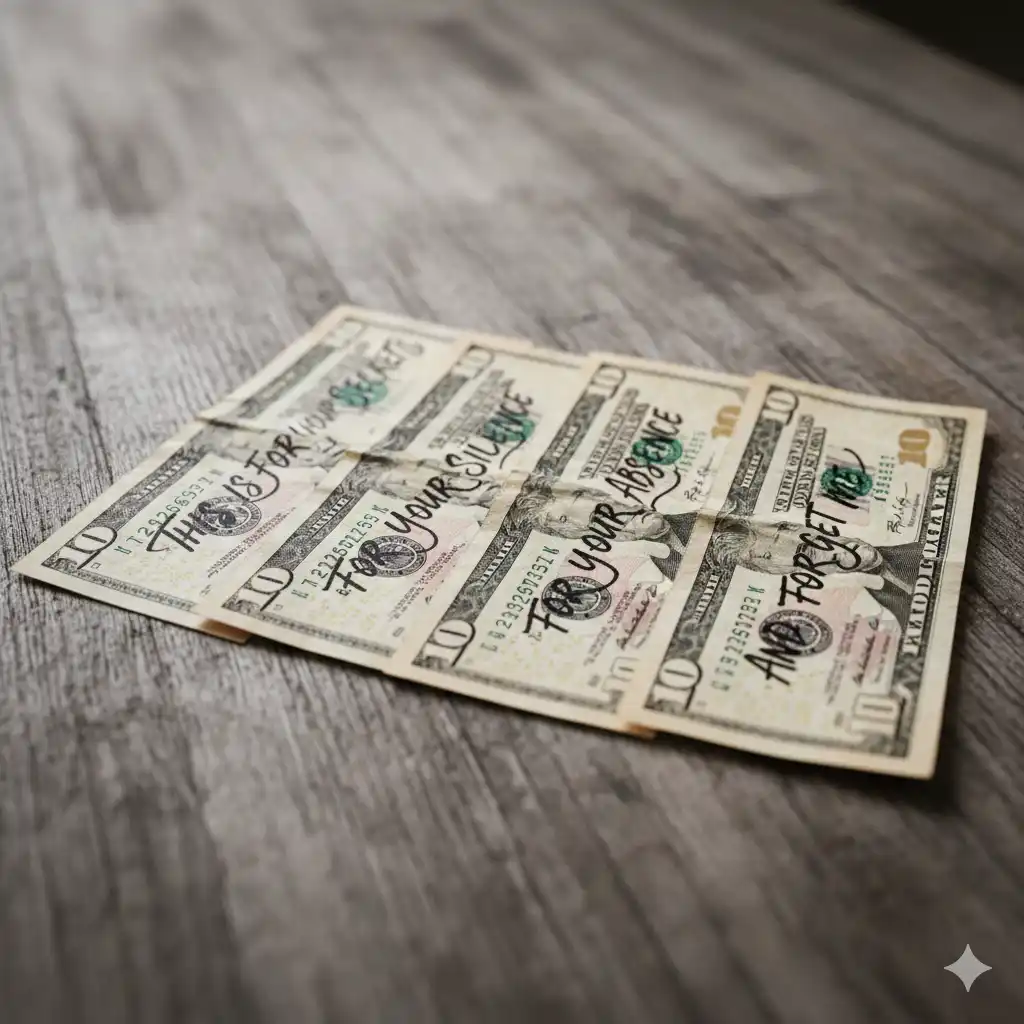 A close-up of several dollar bills laid out, with a sentence clearly written in ink across the face of each one.