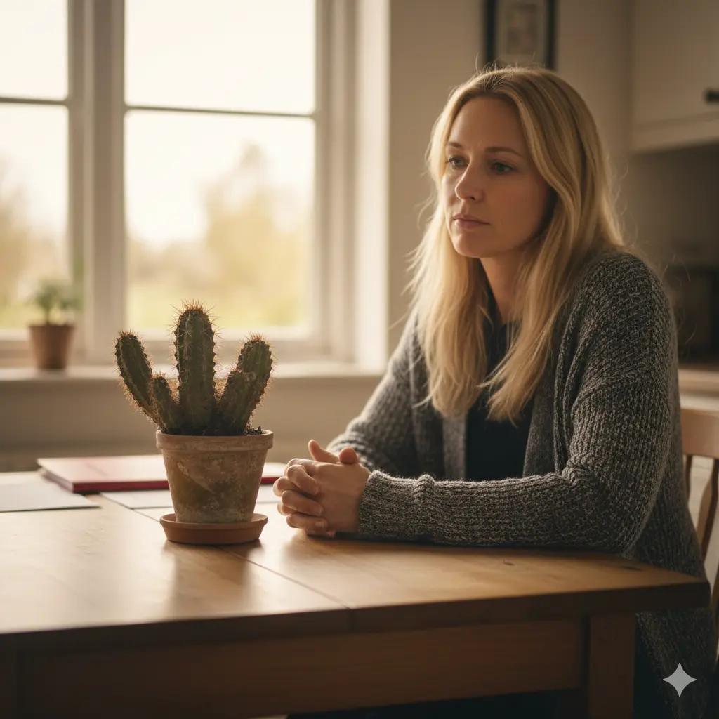 A small cactus on a kitchen table, quietly symbolizing what was left behind.