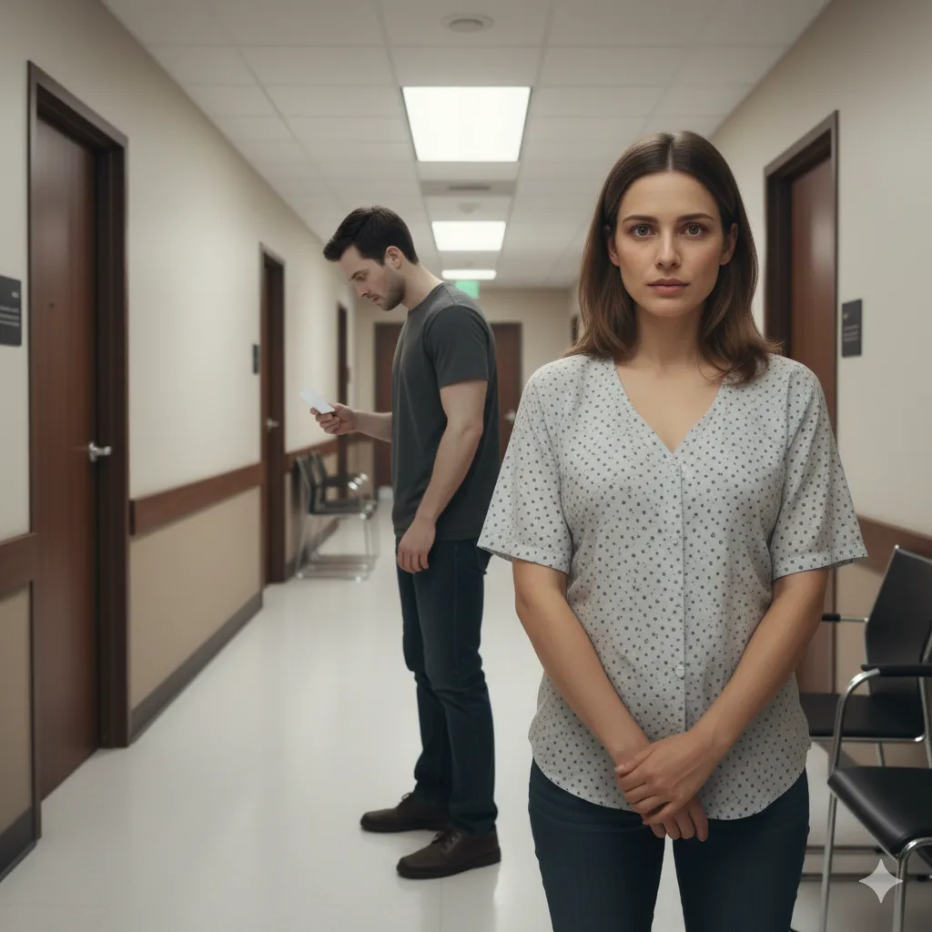 A sterile clinic hallway where the husband stands, his face drained of color, staring at a document.