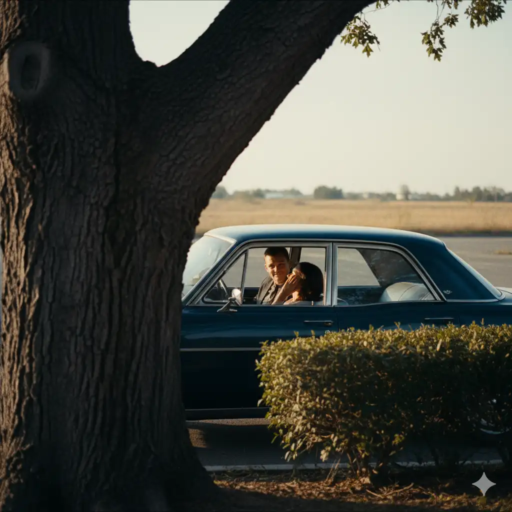 A secretive photo of a man leaning into a car window, smiling intimately at a woman inside.