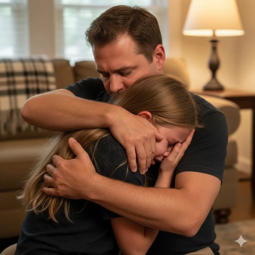 A photo of a man holding his crying daughter in a tight, comforting hug.