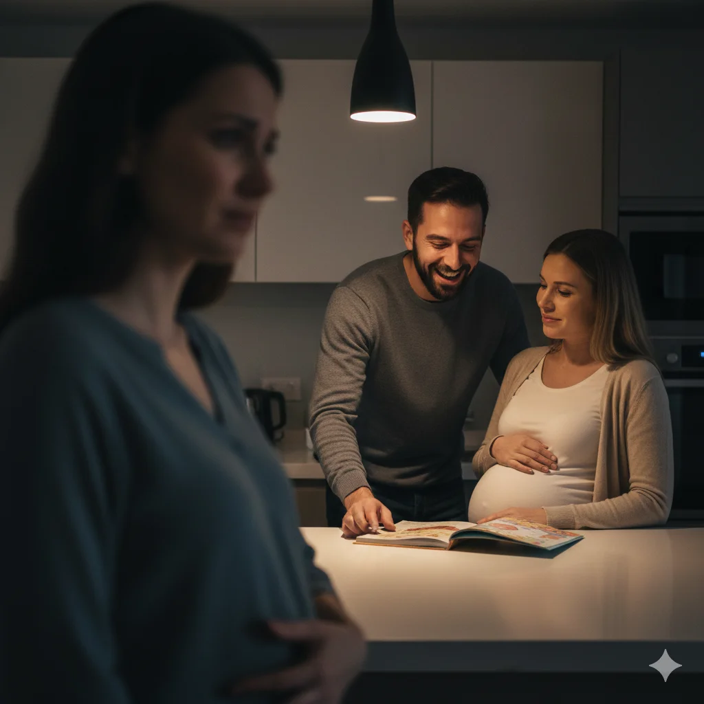 A husband and a pregnant friend laughing together in the kitchen
