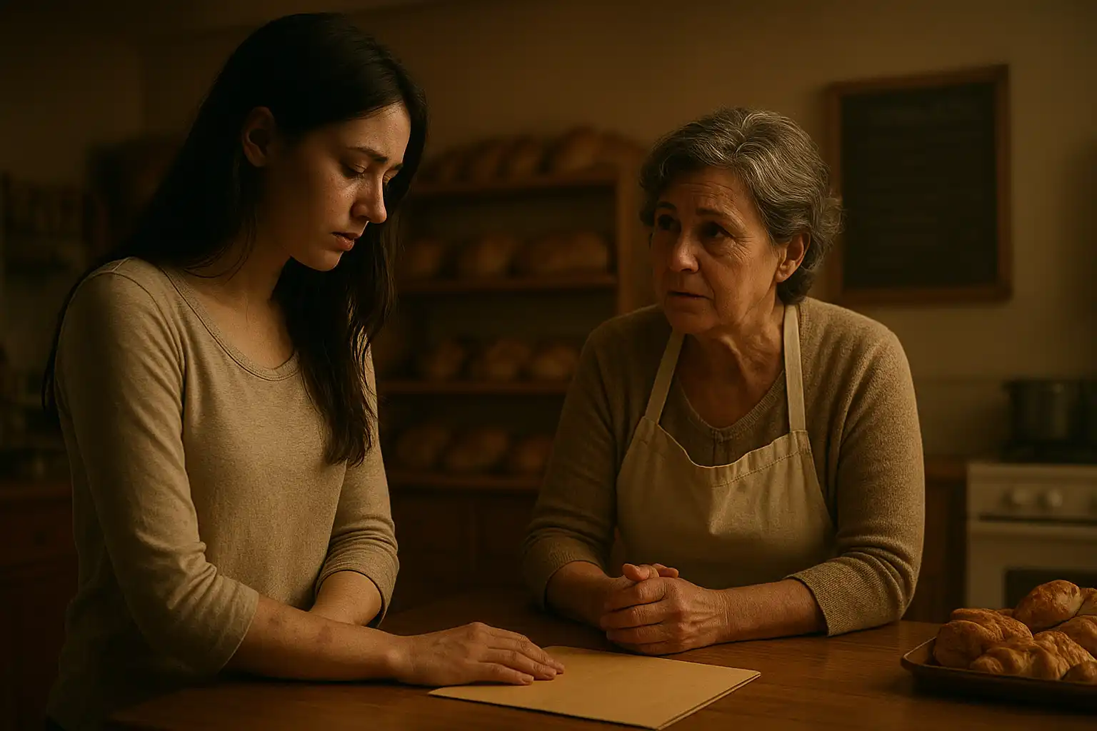A young, fragile woman with visible bruises on her arms at a bakery counter, while the owner looks on with concern.