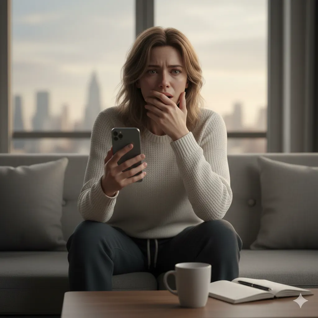 A woman on a couch holding a phone, stunned by unexpected news.