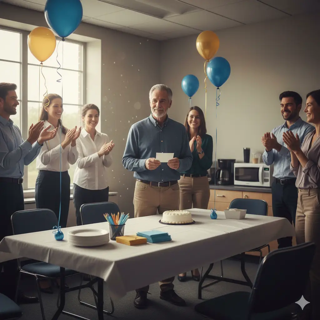 A small retirement farewell lunch with cake and coworkers clapping.