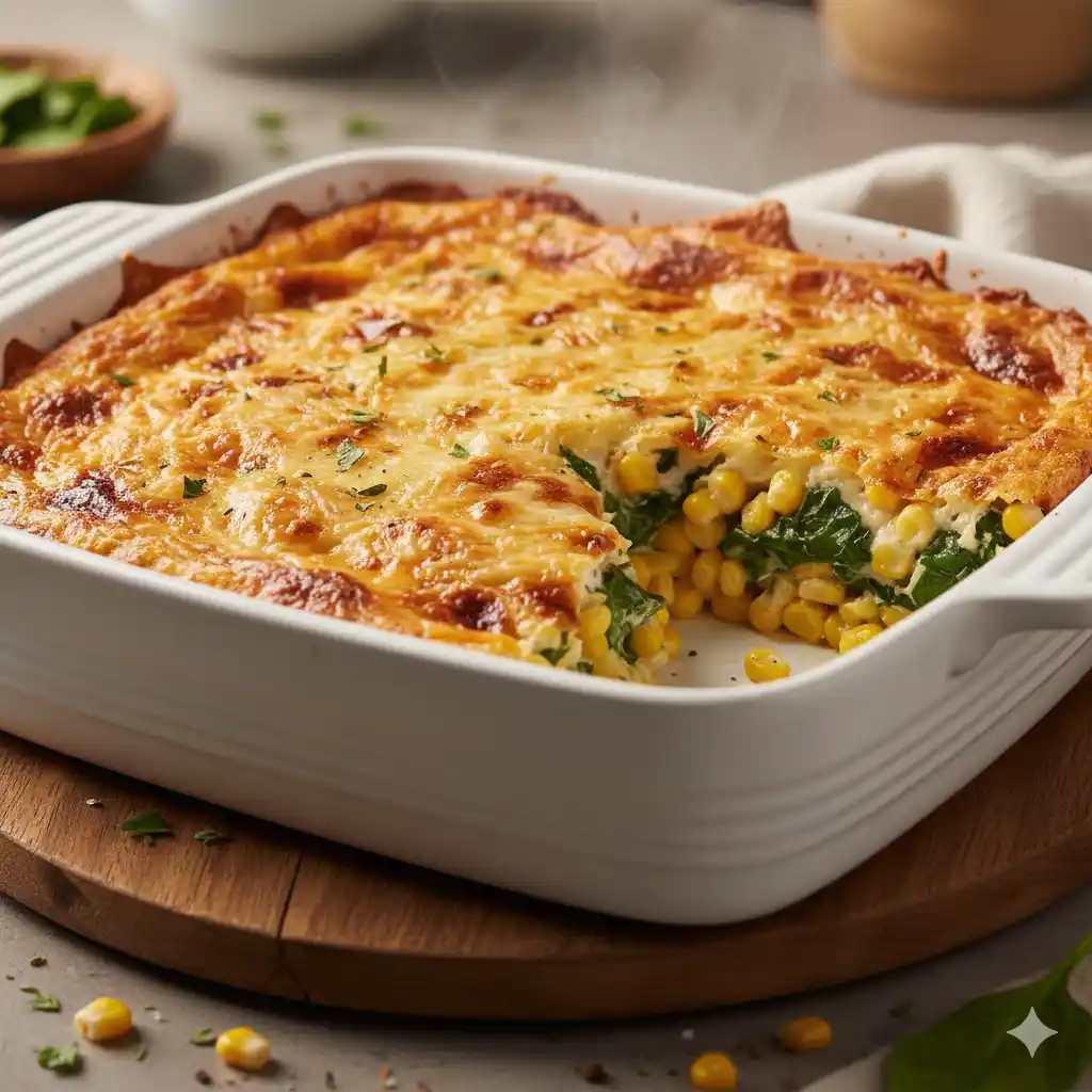 A golden-brown, bubbling Cheesy Corn and Spinach Casserole on a wooden trivet with a piece sliced out.