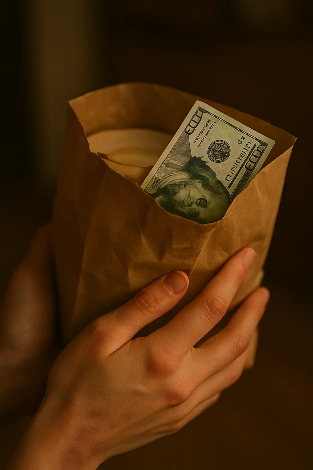 A close-up of a paper bag with a $100 bill discreetly peeking out, holding a warm meal.