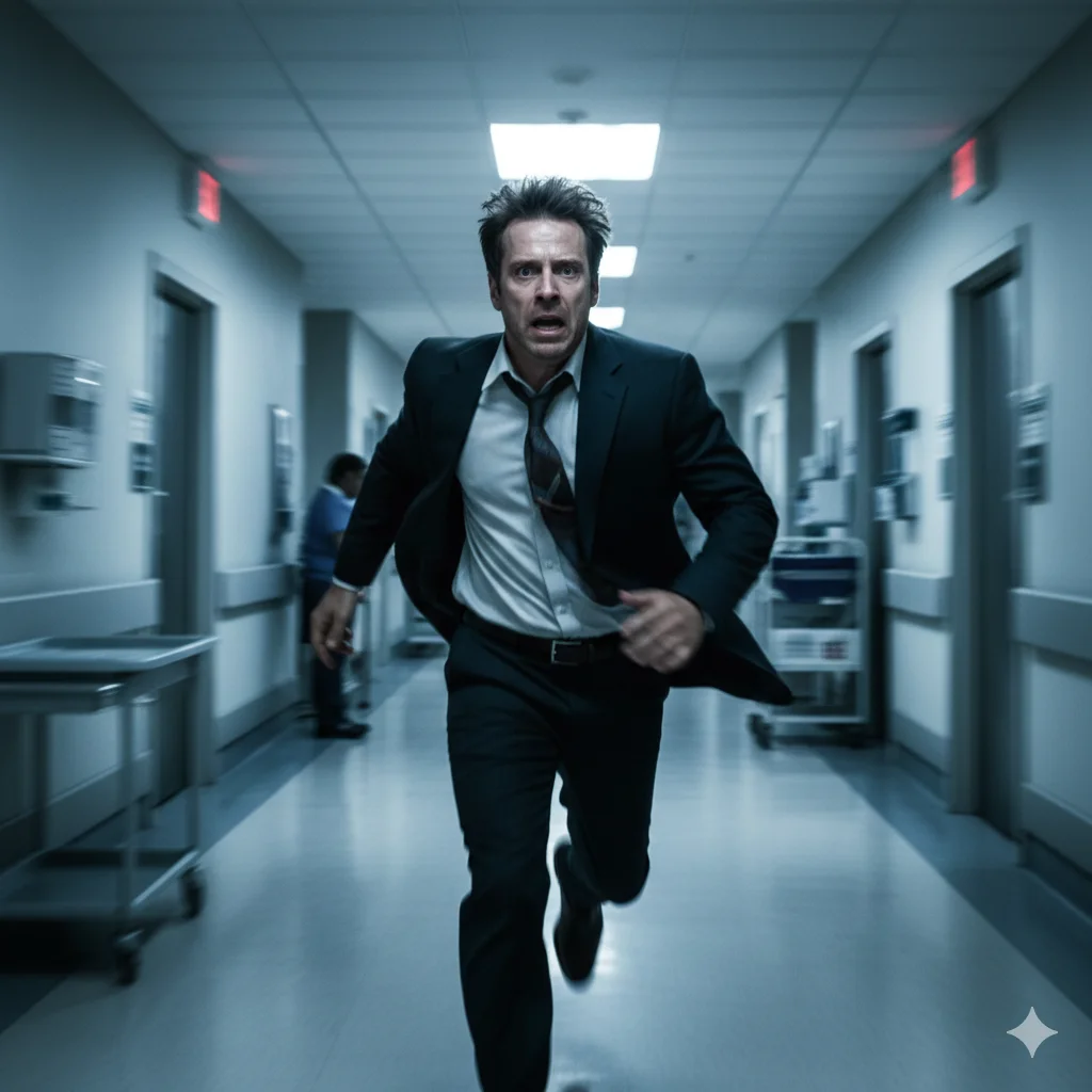 A man crying in relief at his wife's bedside