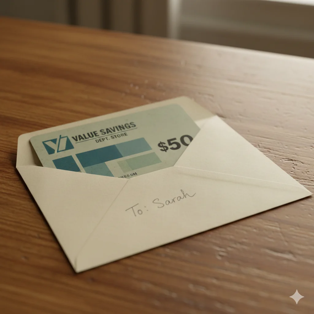 Close-up shot of a $50 gift card resting inside an envelope with cursive handwriting.
