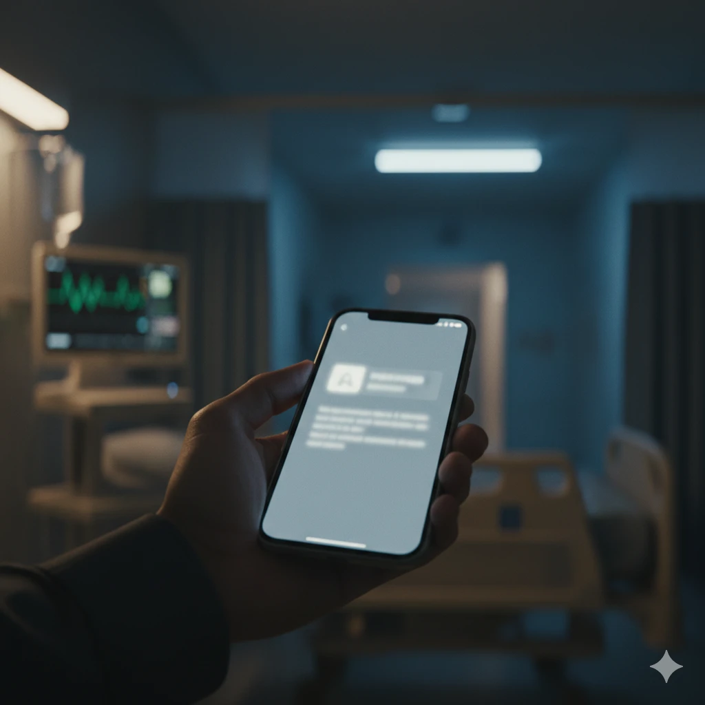 A hand holding a smartphone in a hospital room, suggesting a message has arrived.