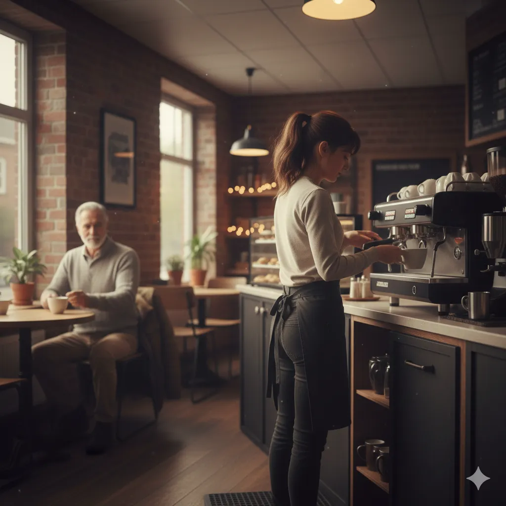 A café counter with a different worker while a regular customer looks unsettled.