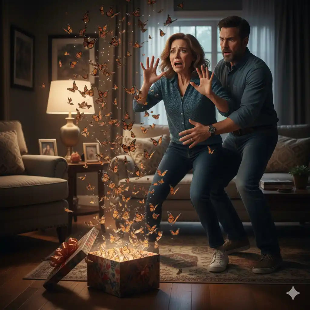 Butterflies bursting into the air in a living room as a woman recoils in panic and a man reaches out to help.