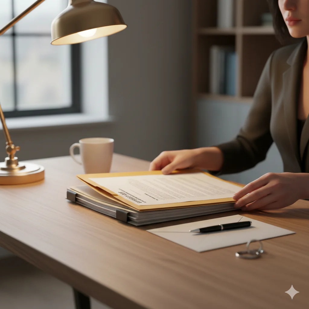A desk with organized legal papers, an envelope, and a folder representing careful planning and protection.